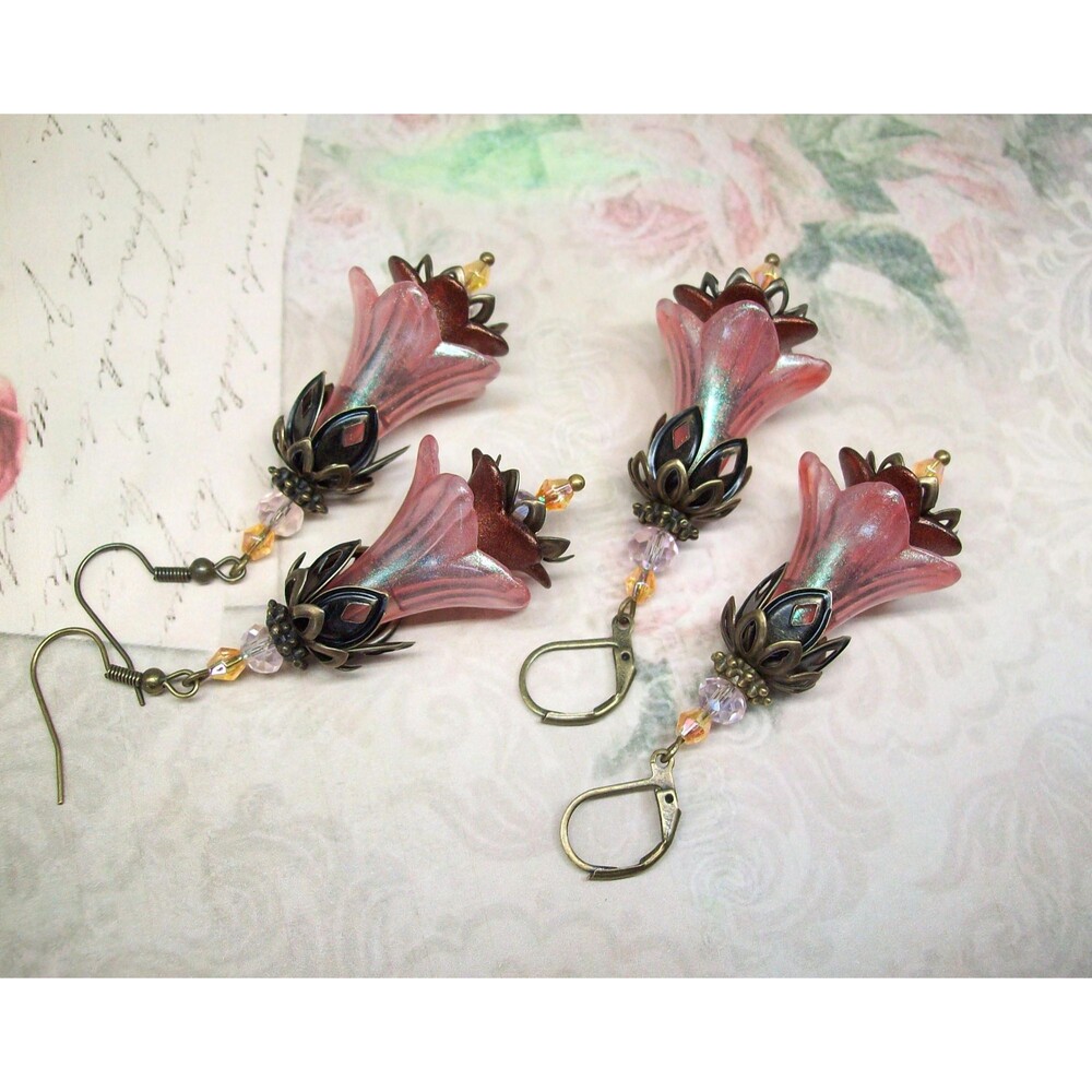 Rose Quartz Pink Flower Earrings, Bohemian Vintage Style, Antique Bronze, Artisa